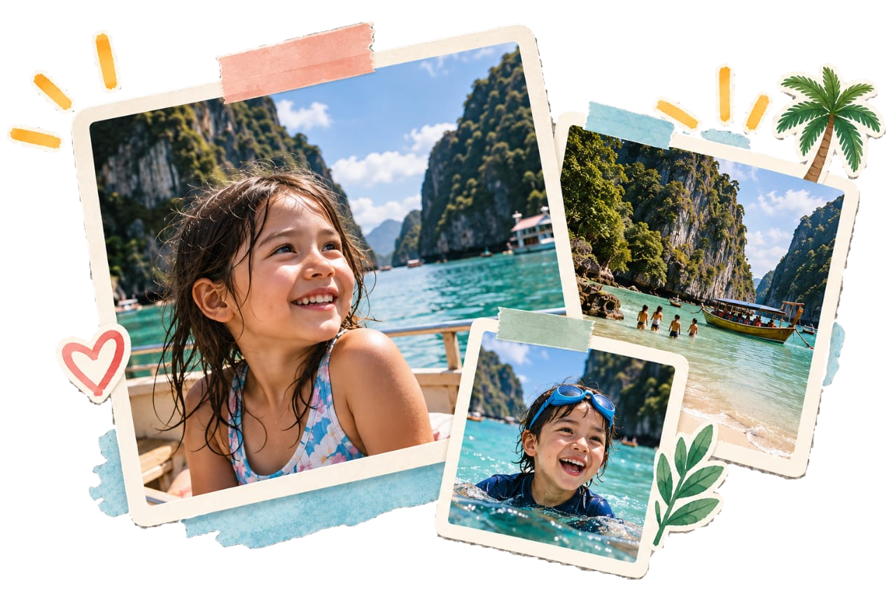 Three tropical trip photos arranged as a scrapbook collage