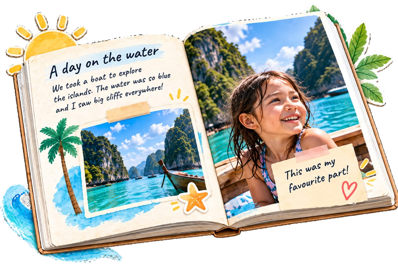 A tropical family story arranged across an open storybook