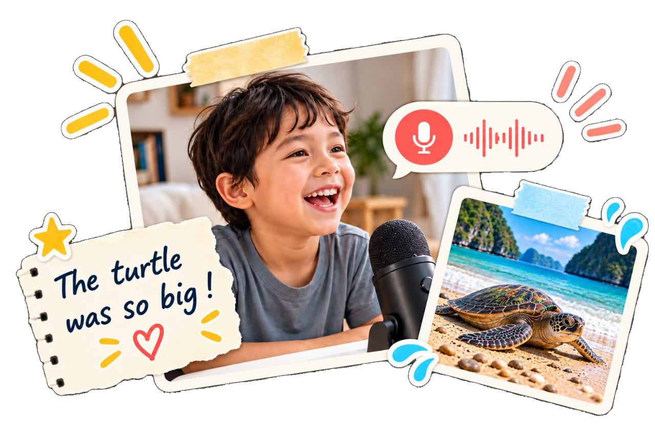 Child happily sharing a story into a microphone