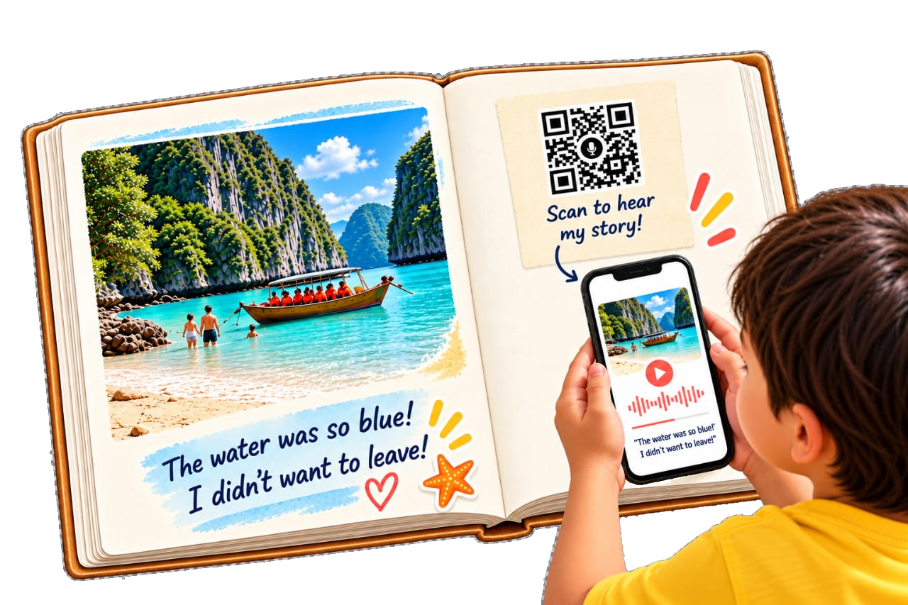 A child listening to a recorded story from a QR code