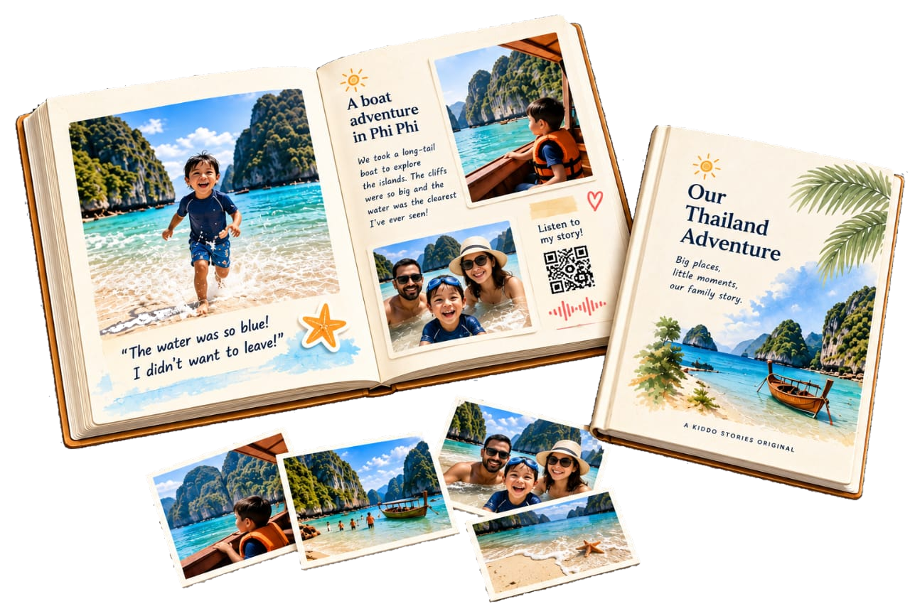 An open tropical storybook, a matching keepsake cover, and a loose travel photo