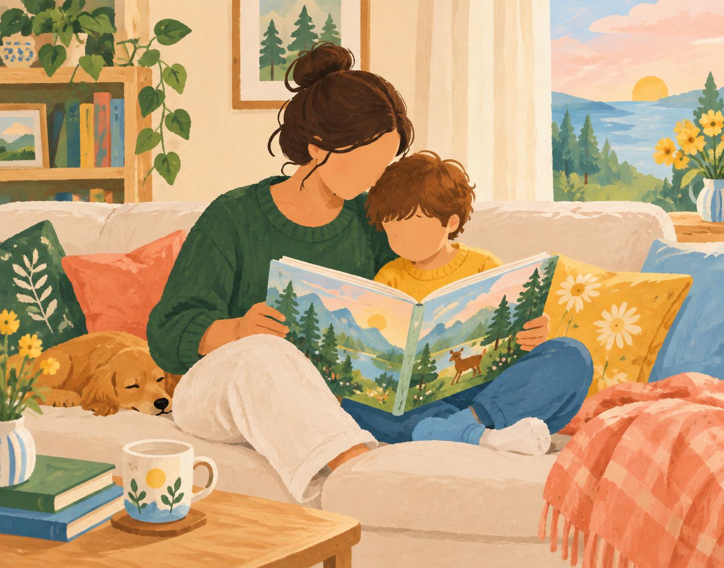 Illustrated parent and child reading a storybook together